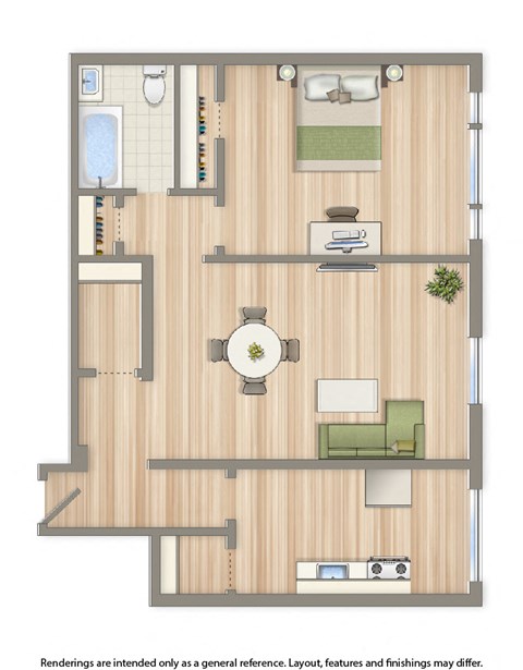 dupont apartments one bedroom floor plan rendering